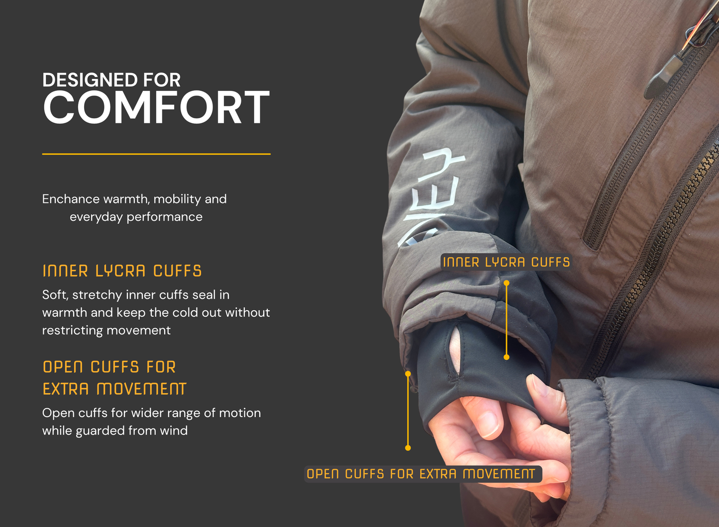 Close-up of a jacket with open cuffs and text about comfort features on a dark background