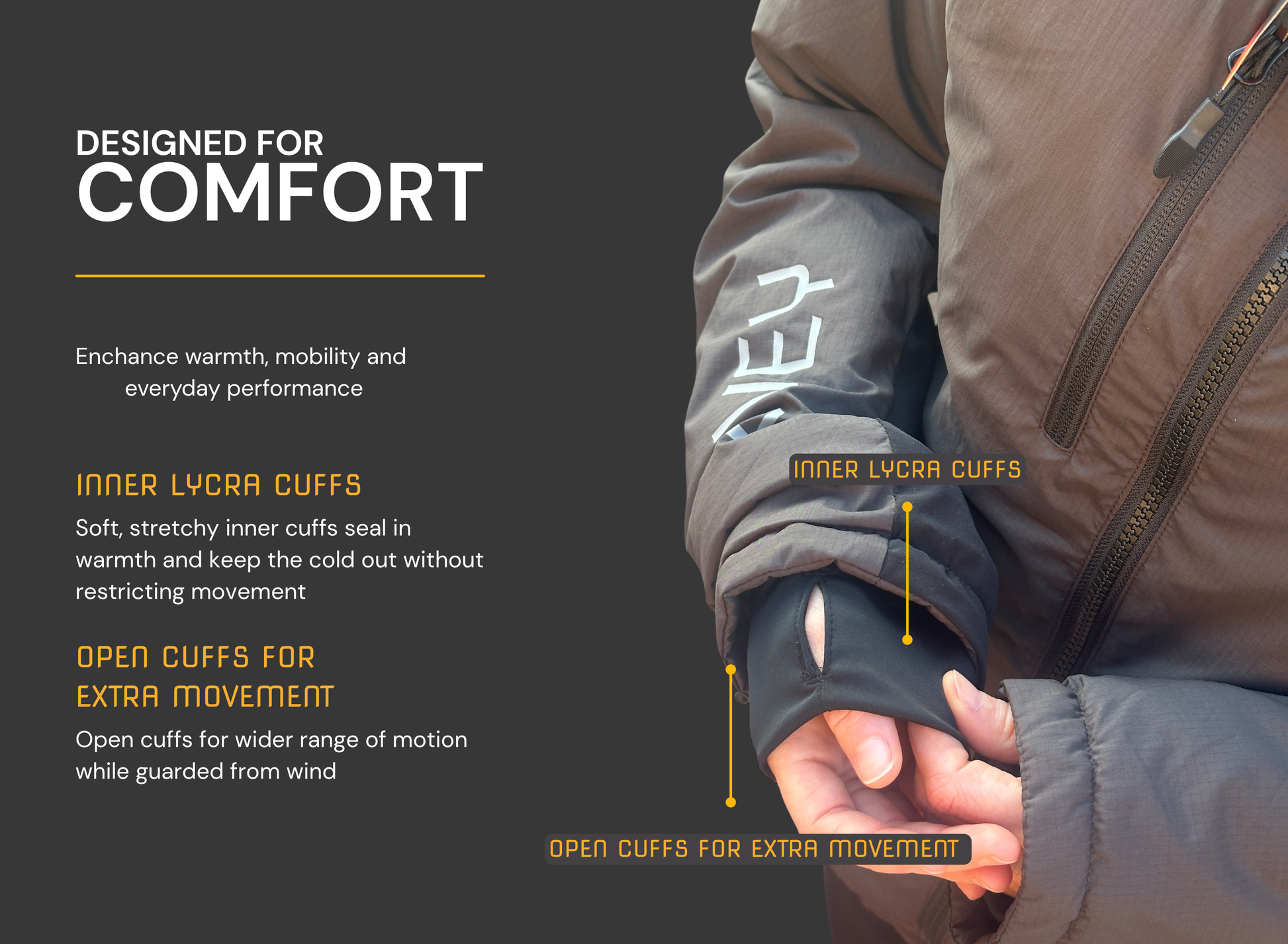Close-up of a jacket with open cuffs and text about comfort features on a dark background