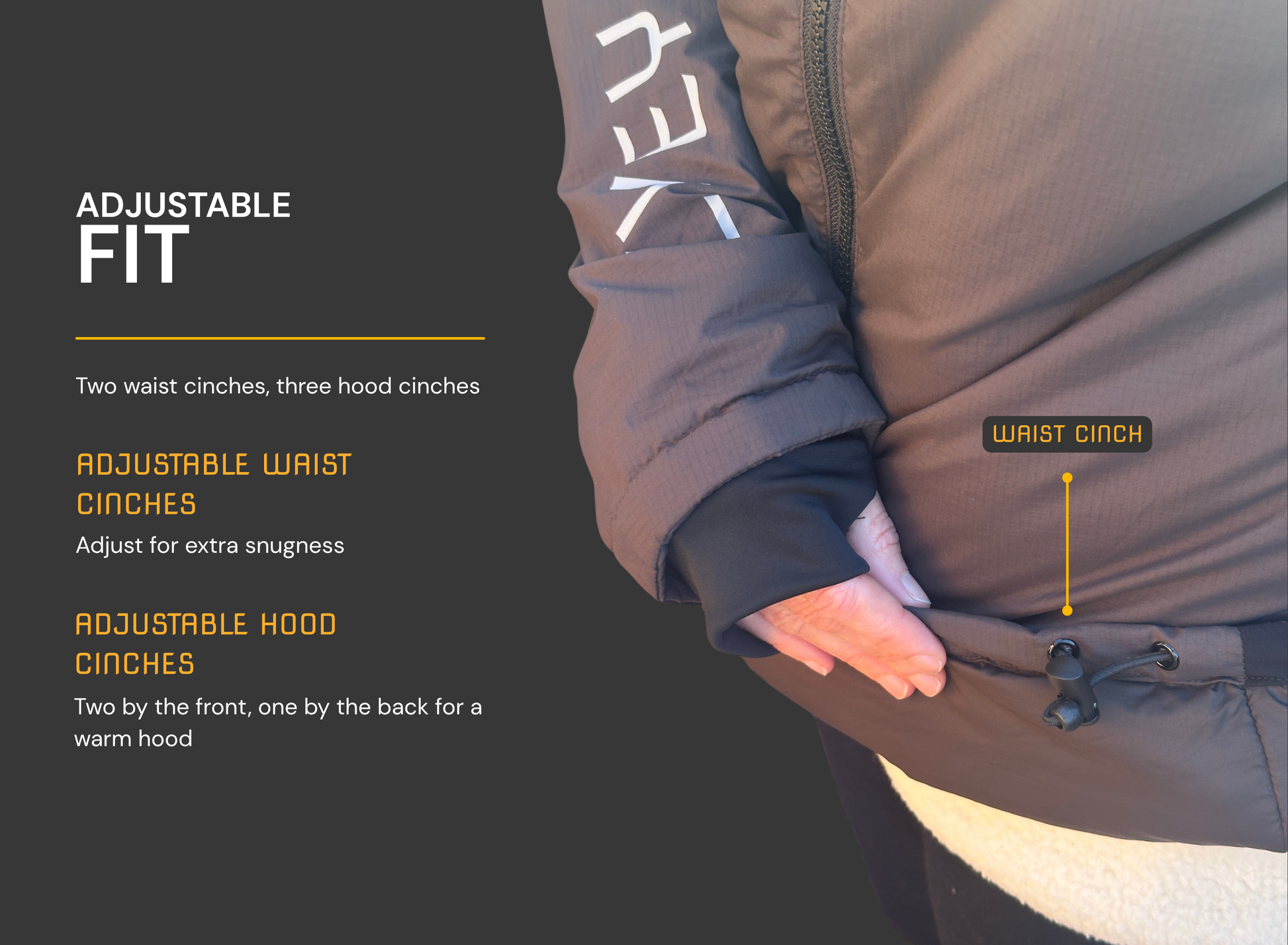 Brown jacket with adjustable features on a black background