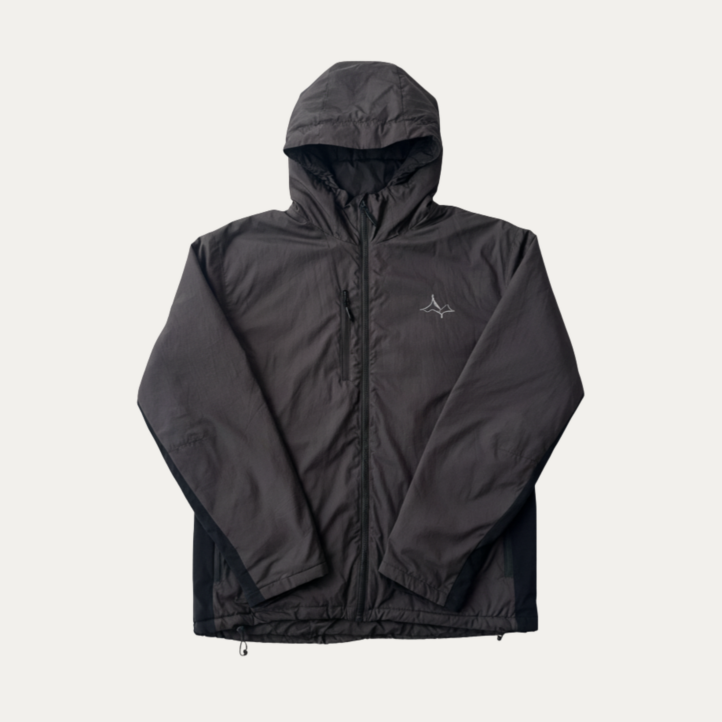 Black hooded jacket on a light gray background