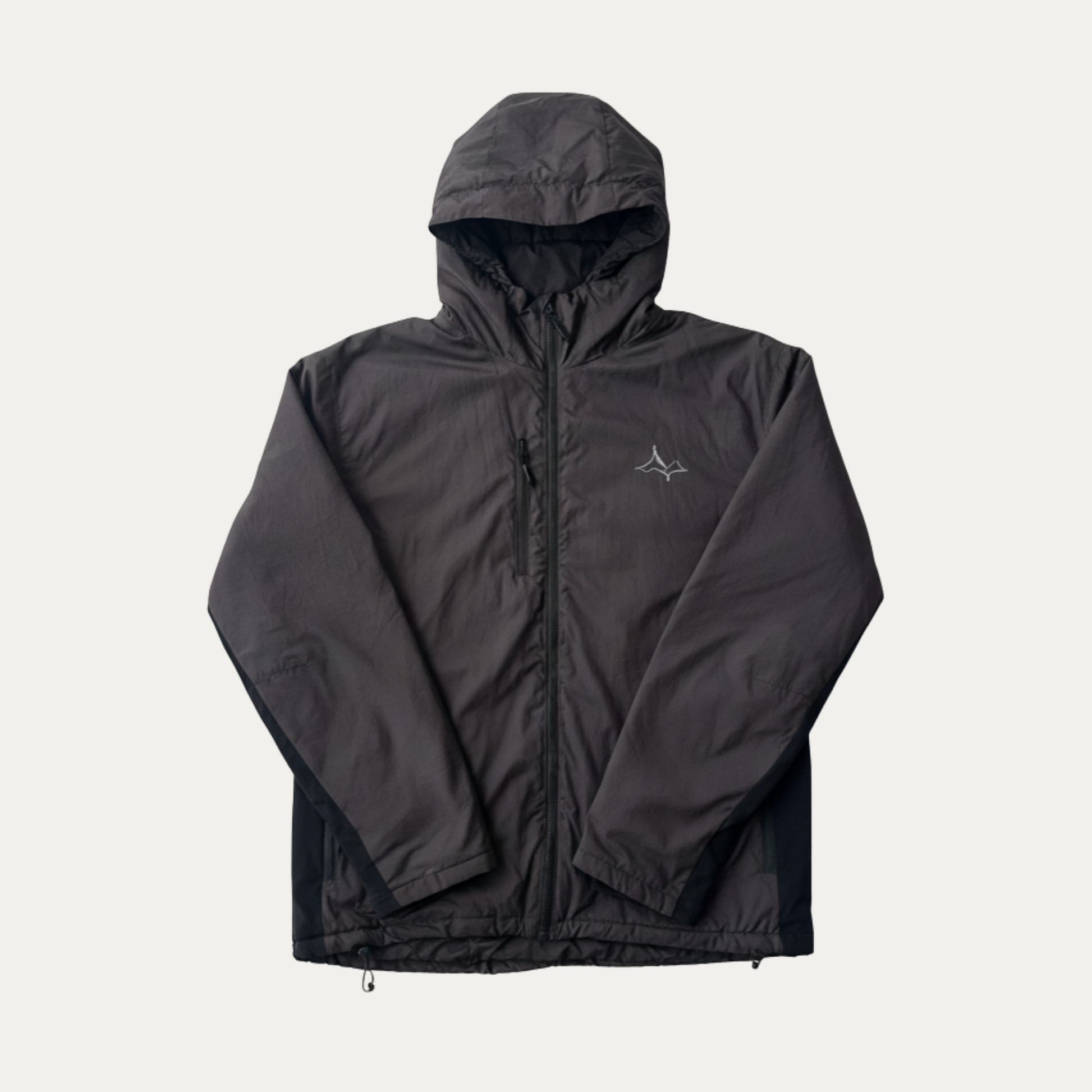 Black hooded jacket on a light gray background